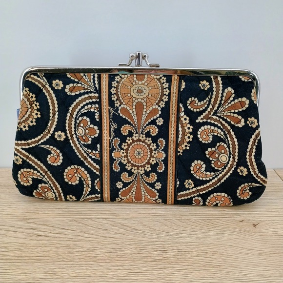 Vera Bradley Handbags - Vera Bradley Cafe Latte Quilted Kisslock Frame Clutch Wallet Paisley Black Tan